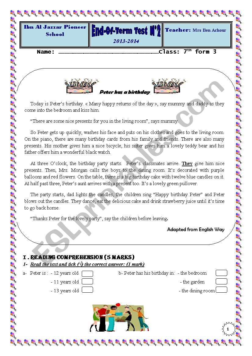 7th form pioneer school end of term test 2