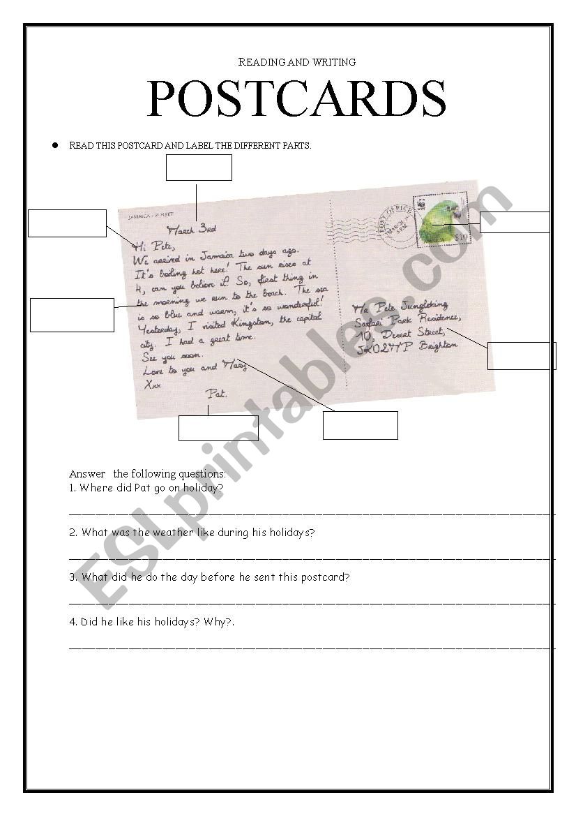 READING AND WRITING POSTCARDS worksheet