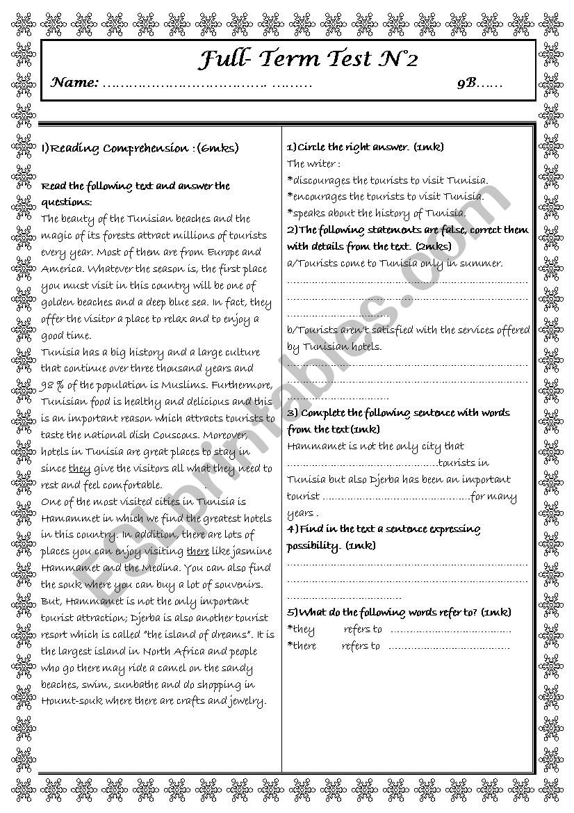 9th Full- Term Test 2 worksheet