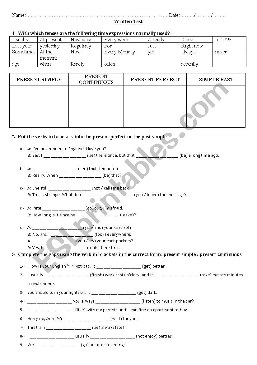 Revising tenses worksheet