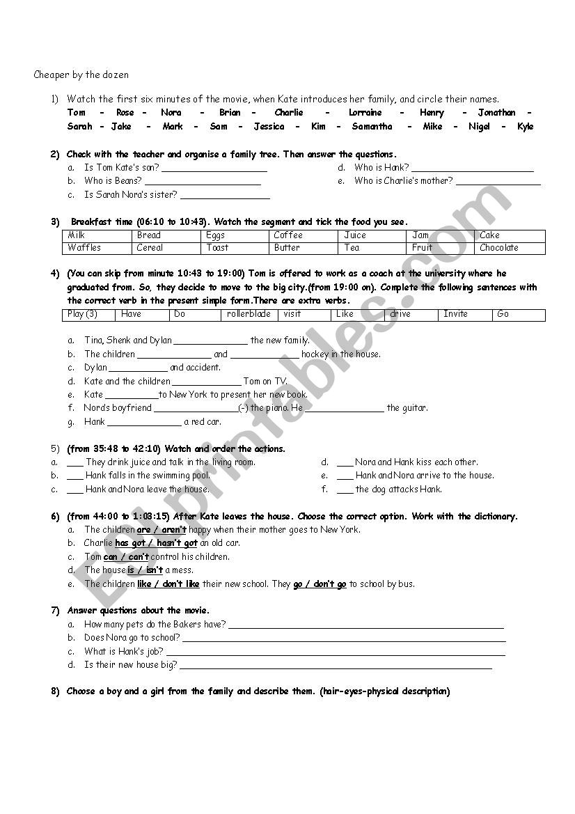 cheaper by the dozen worksheet