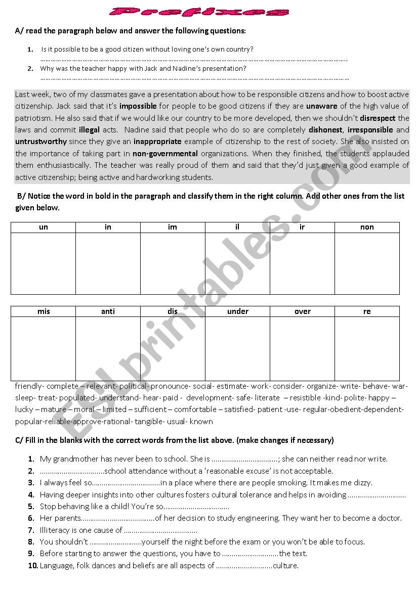 negative prefixes worksheet