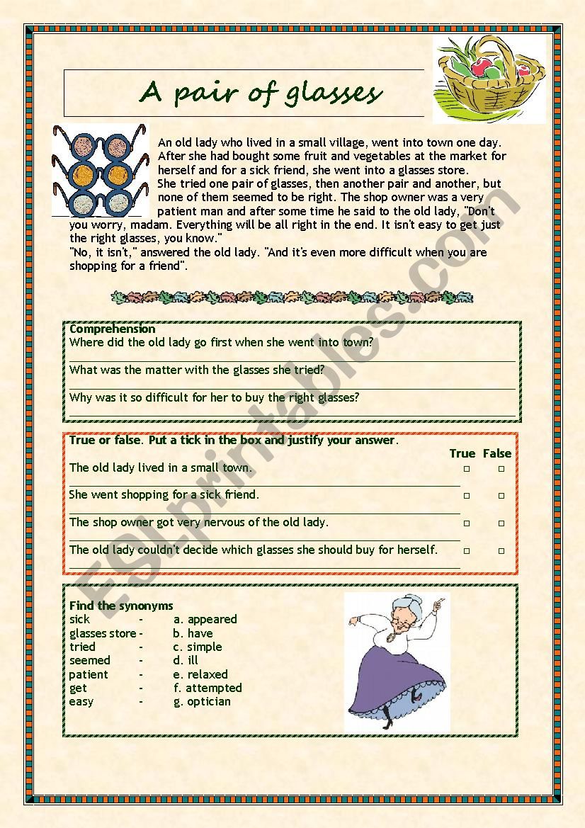 A pair of glasses worksheet