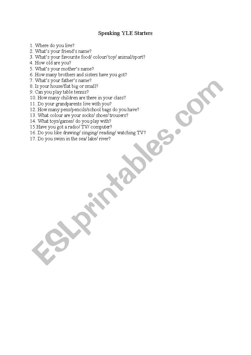 Young LearnersÂ´ English STARTERS MOVERS FLYERS sample questions 