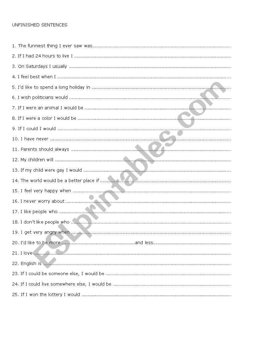 Unfinished Sentences worksheet