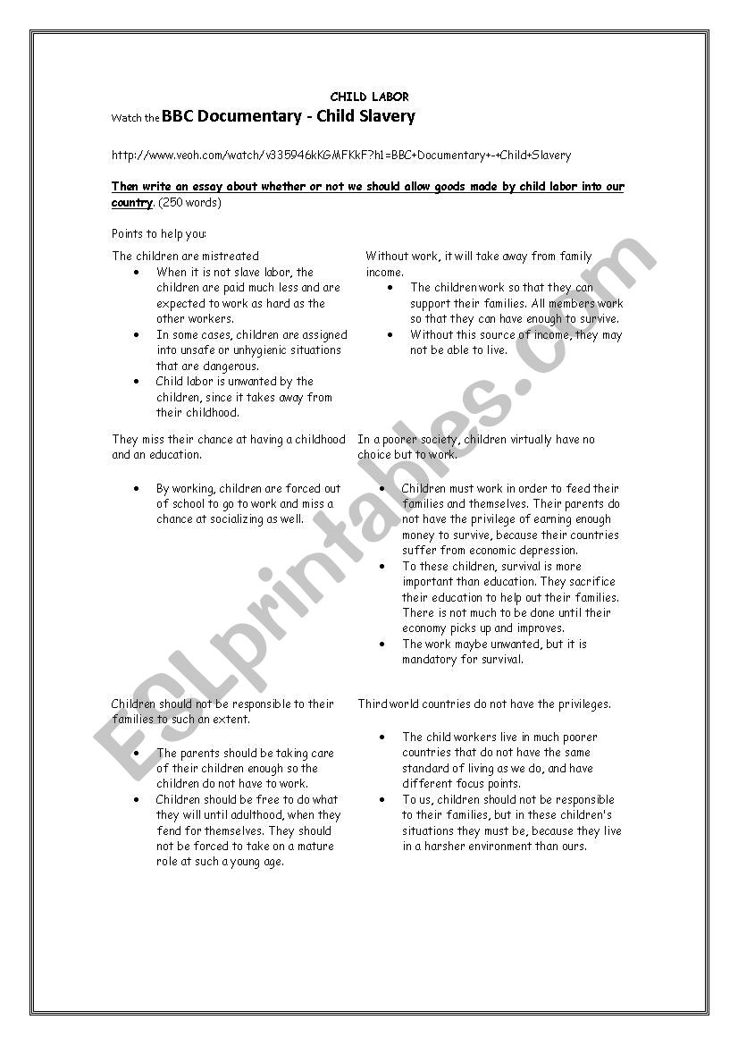 CHILD LABOR worksheet