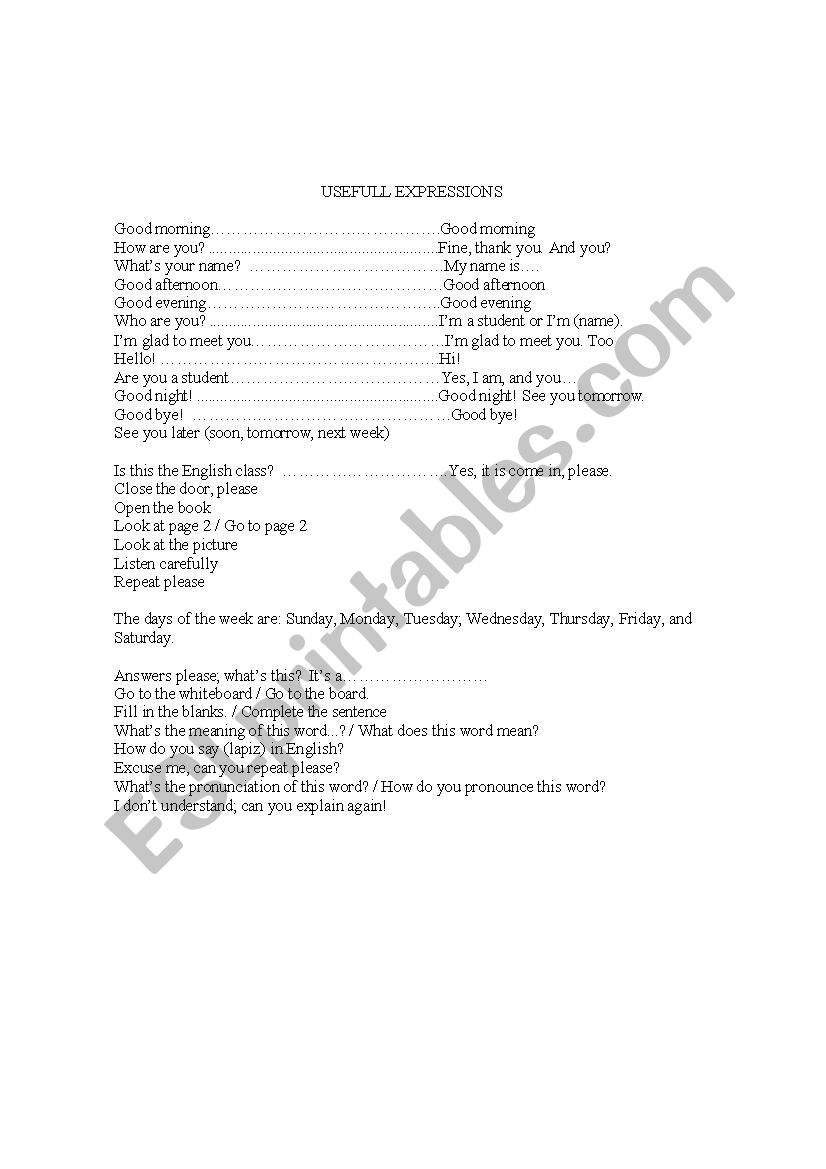 Useful expressions worksheet