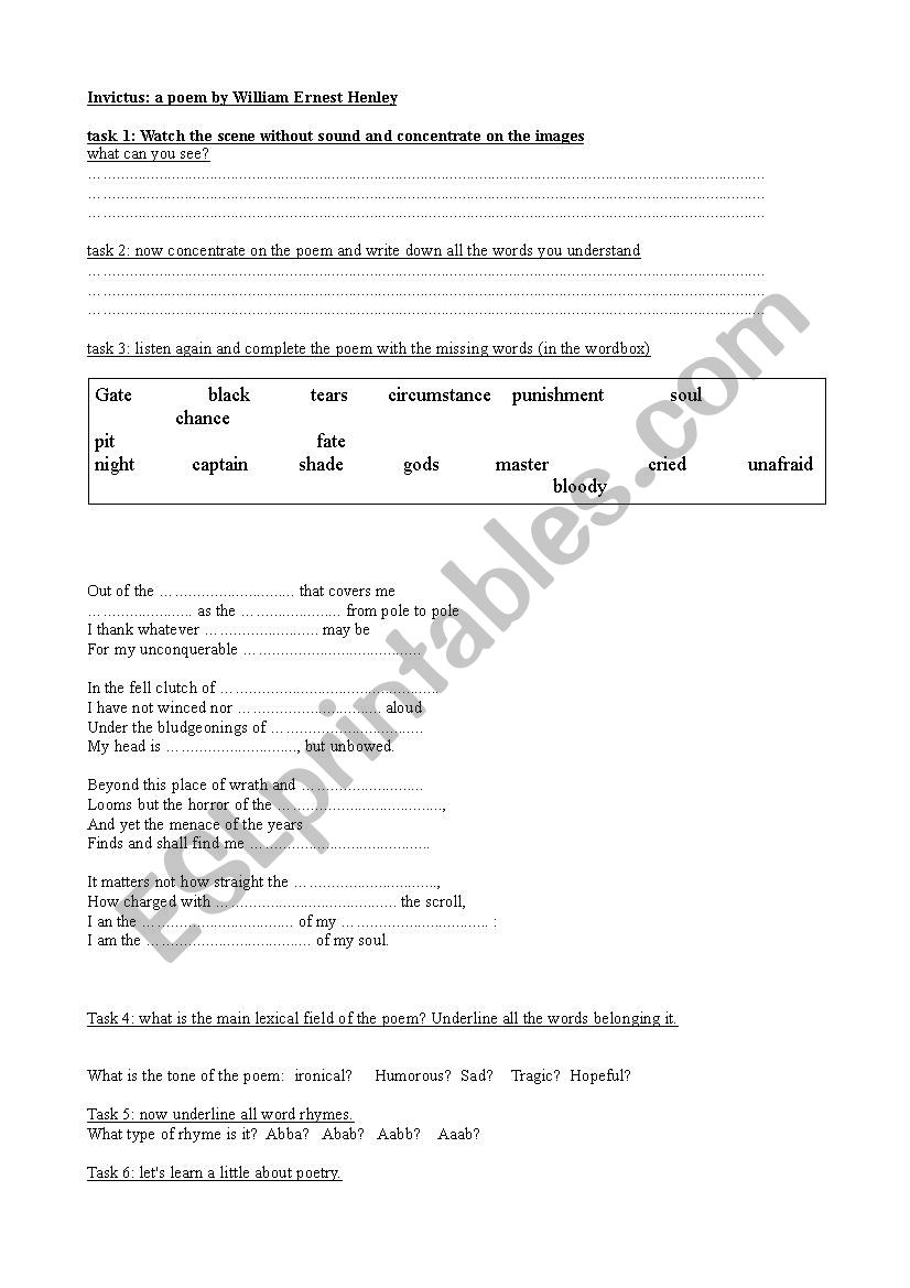 invictus worksheet