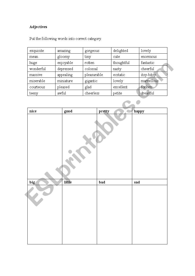 Adjectives - synonym worksheet