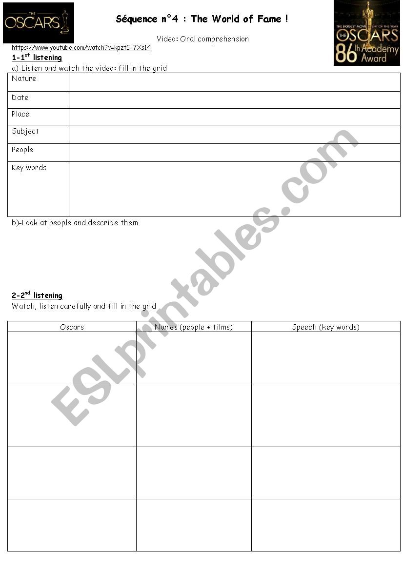 Oscars ceremony Highlitghts worksheet