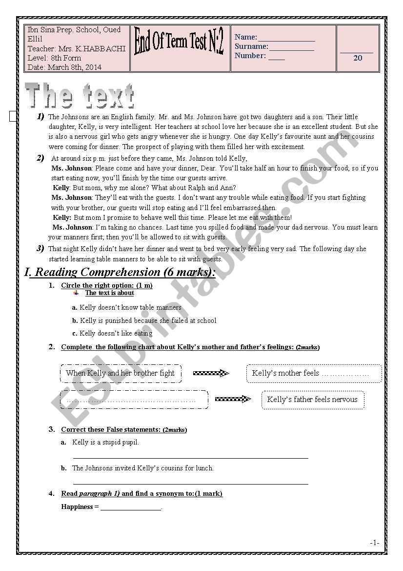 mid term test n 2 for 8th gradeTtunisian students