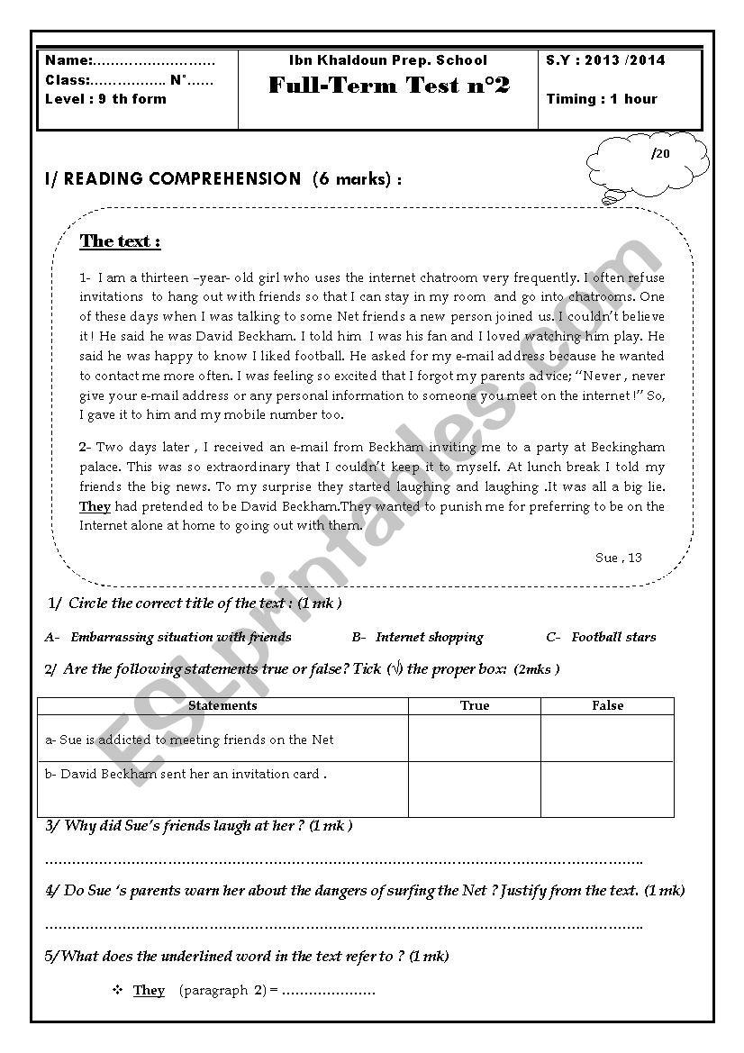 Full -Term Test n° 2 ( 9 th form) Full -Term Test n° 2 ( 9 th form)