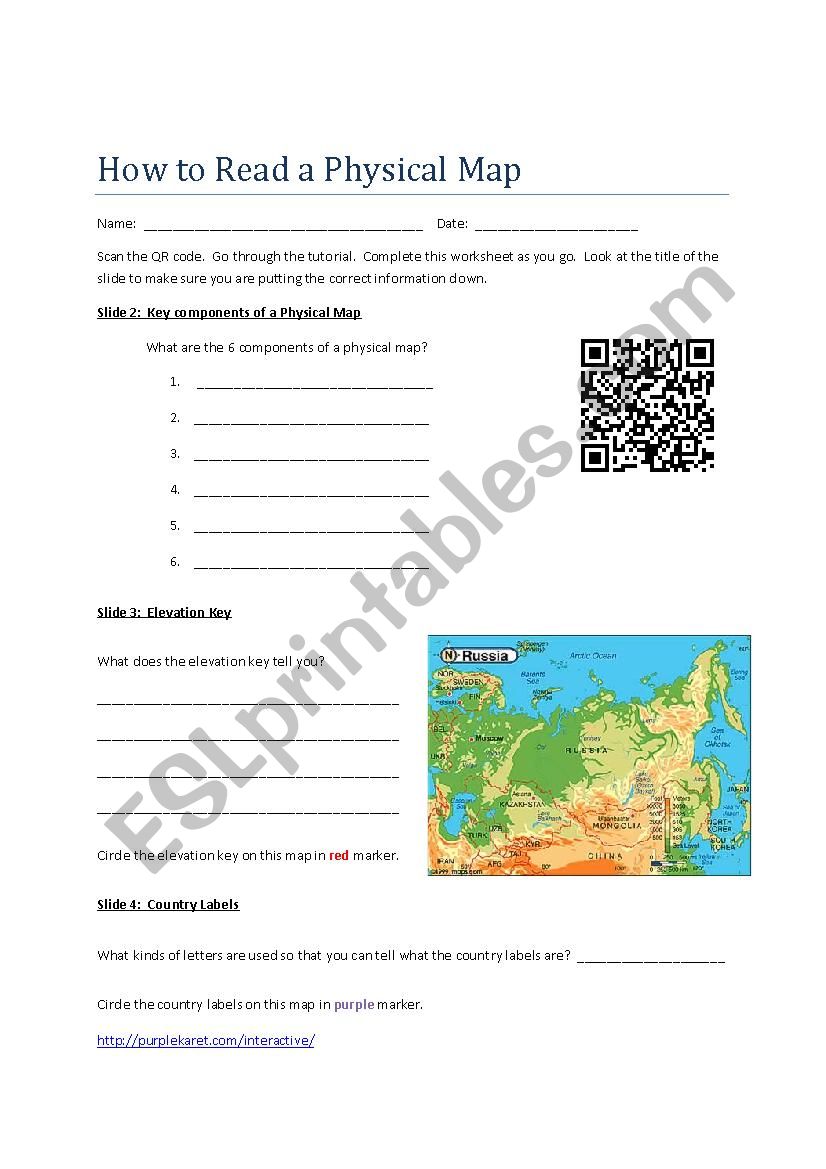 How to Read a Physical Map worksheet