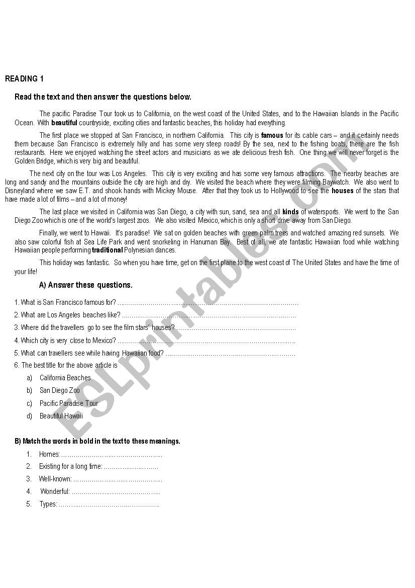 Paradise Tour worksheet