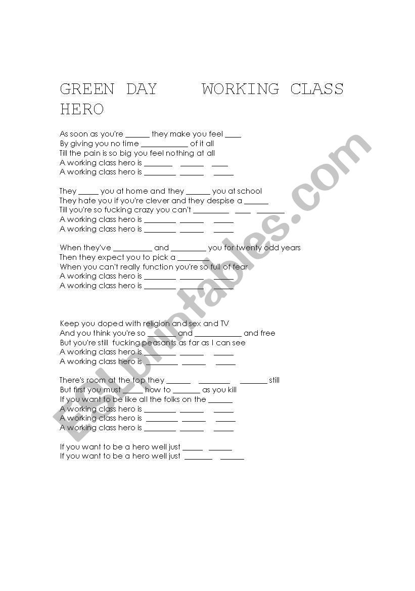 working class hero green day worksheet