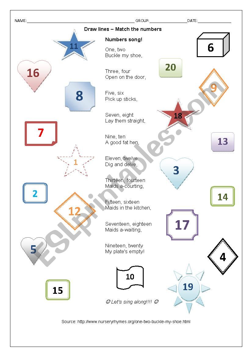 Numbers Song up to 20 worksheet