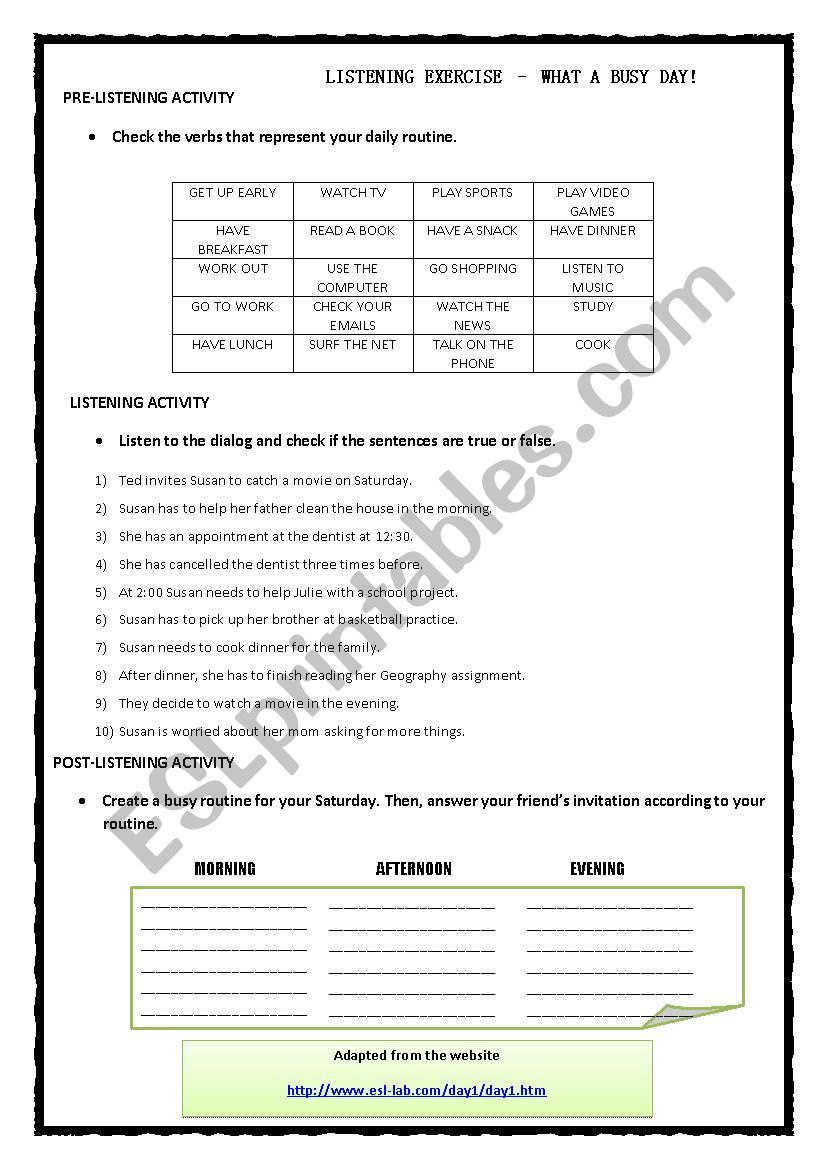 Listening Routine worksheet