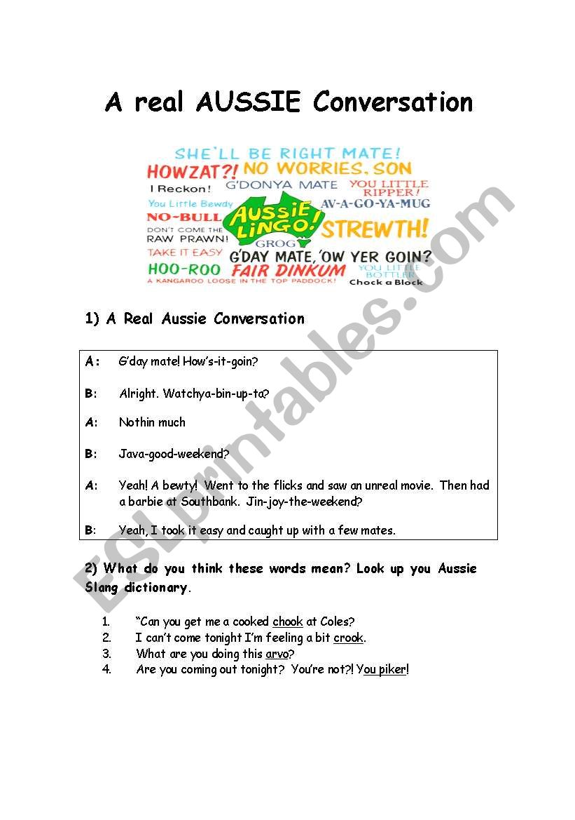 A real Aussie Conversation worksheet