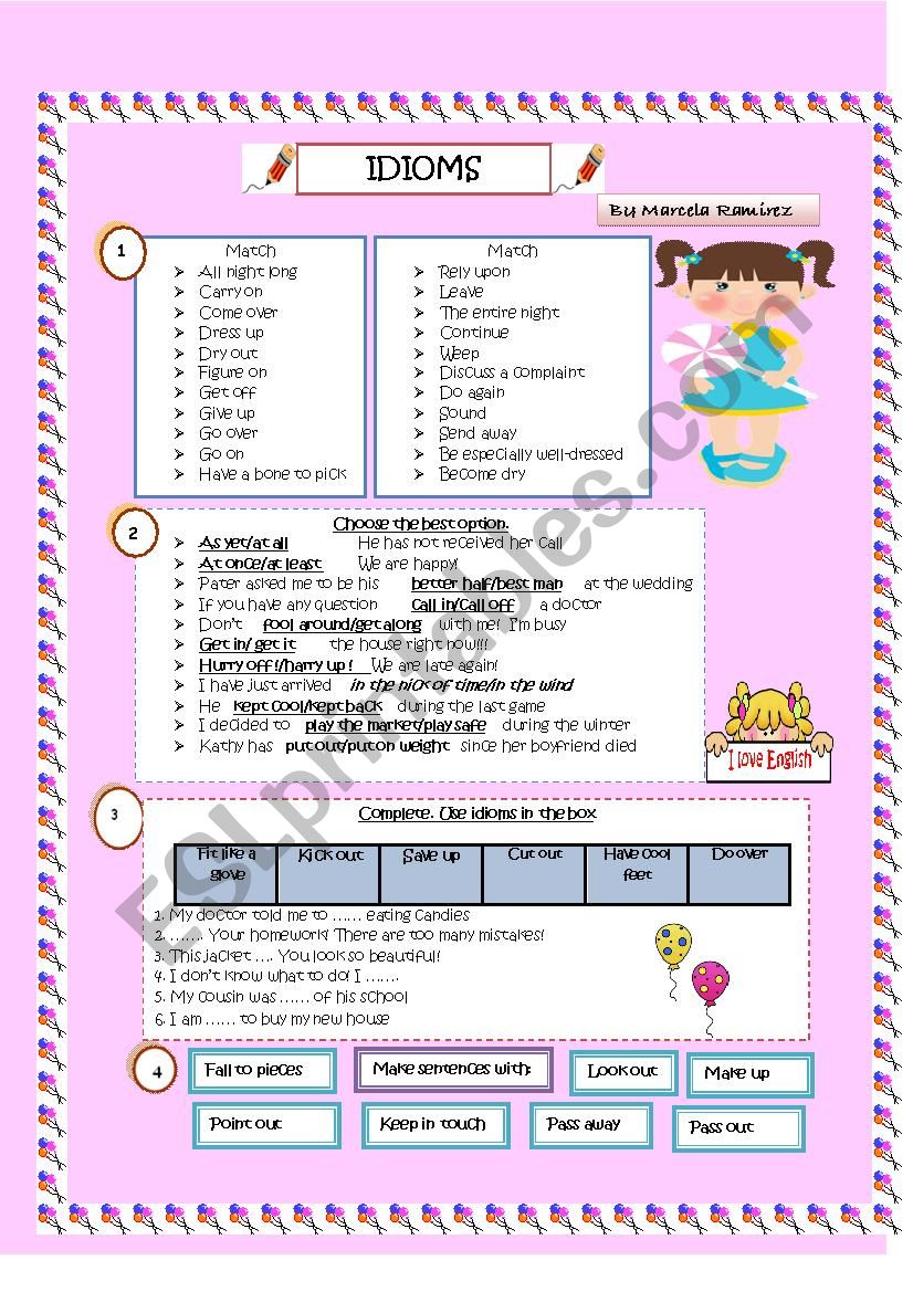 Idioms worksheet  Intermediate level  1 (3) KEY INCLUDED