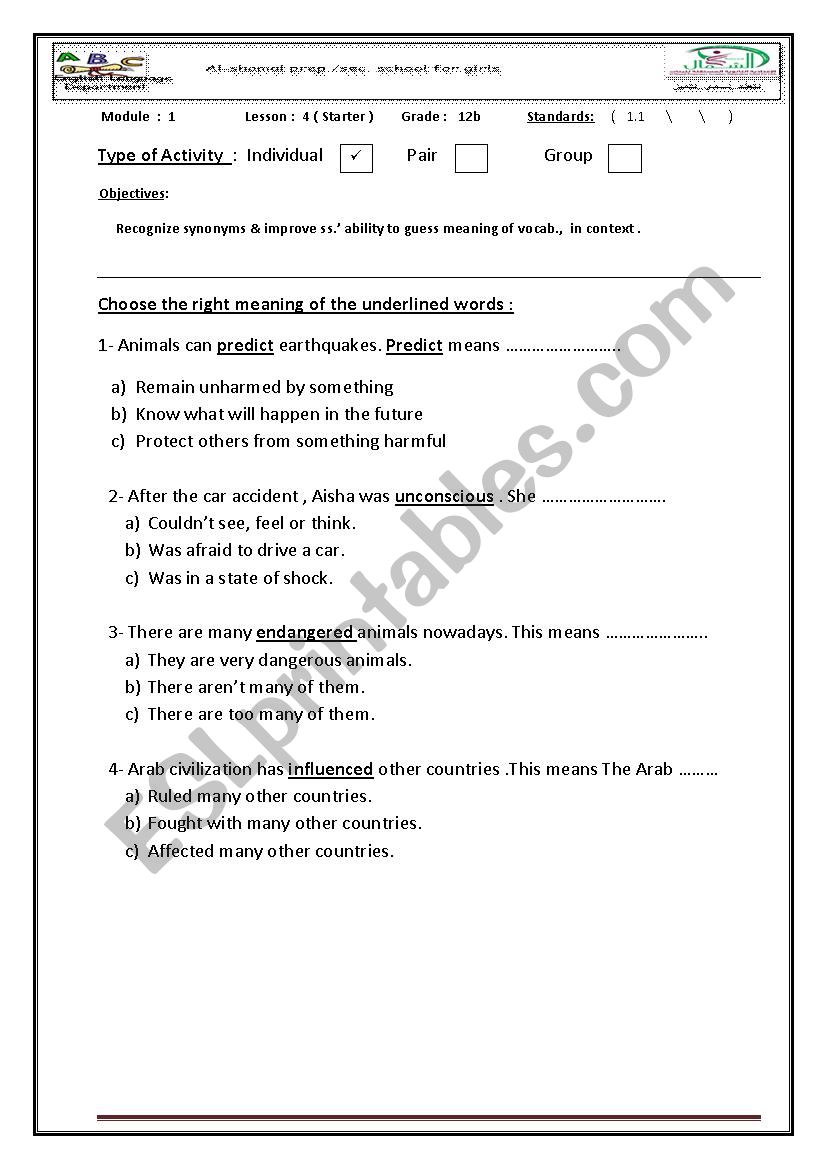 Guessing meaning in context worksheet