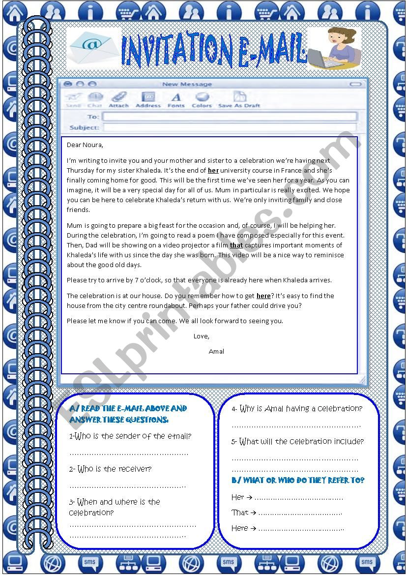 AN INVITATION EMAIL + KEY worksheet