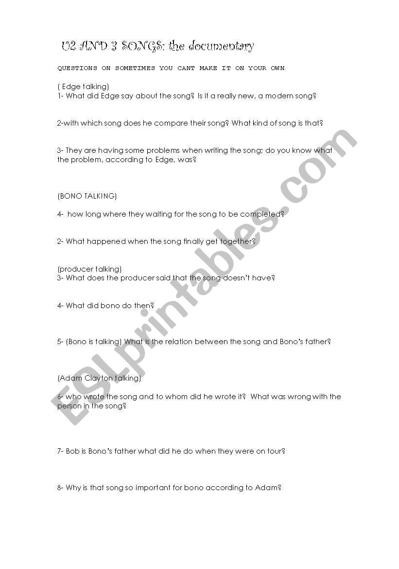 u2 and 3 songs worksheet