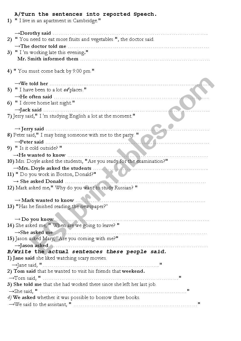 Activity on Reported Speech worksheet