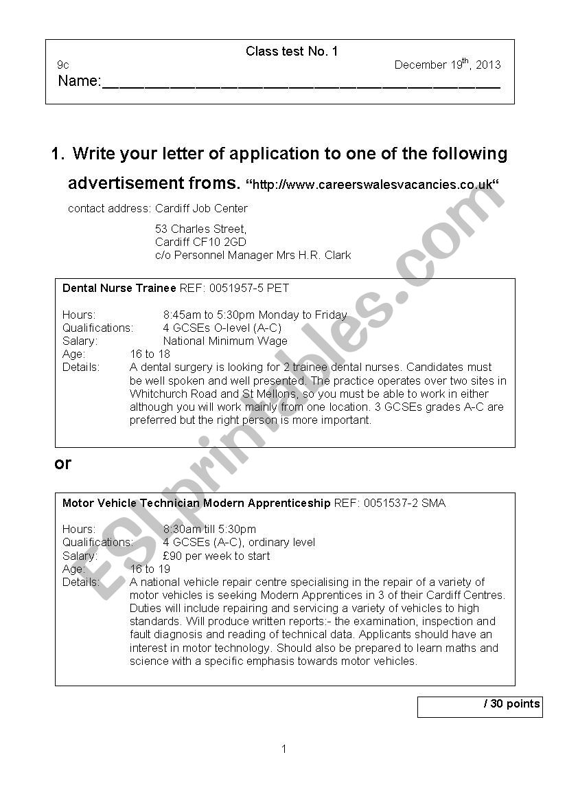 Class Test 9th Class Germany worksheet