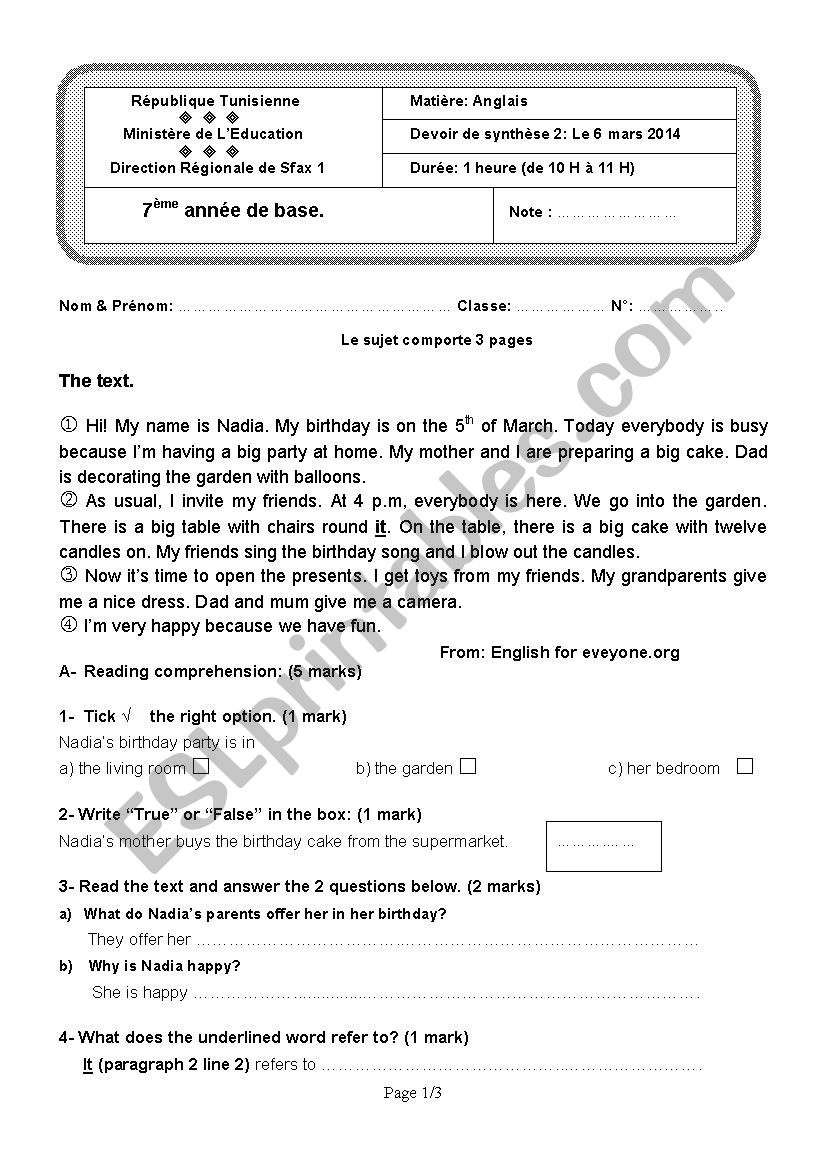 End - of - term test 2  7th forms  ( Tunisian Schools ) 