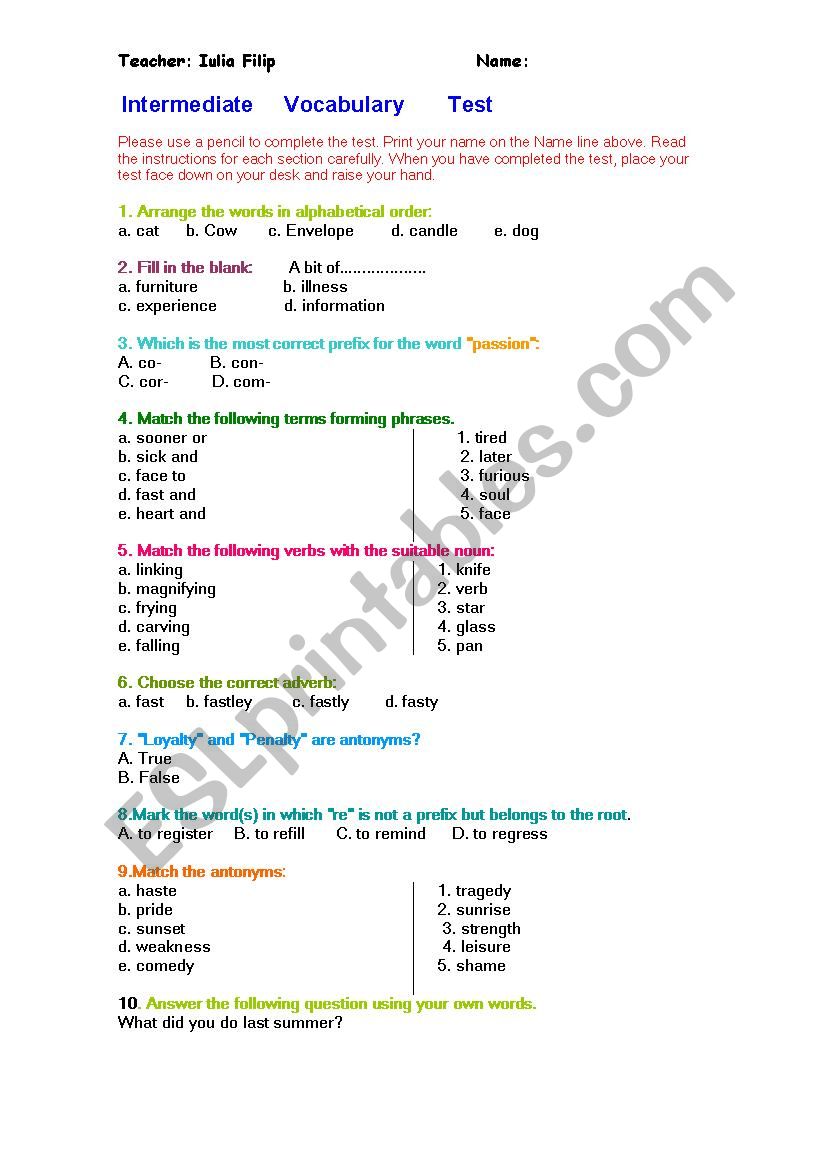 Vocabulary test worksheet