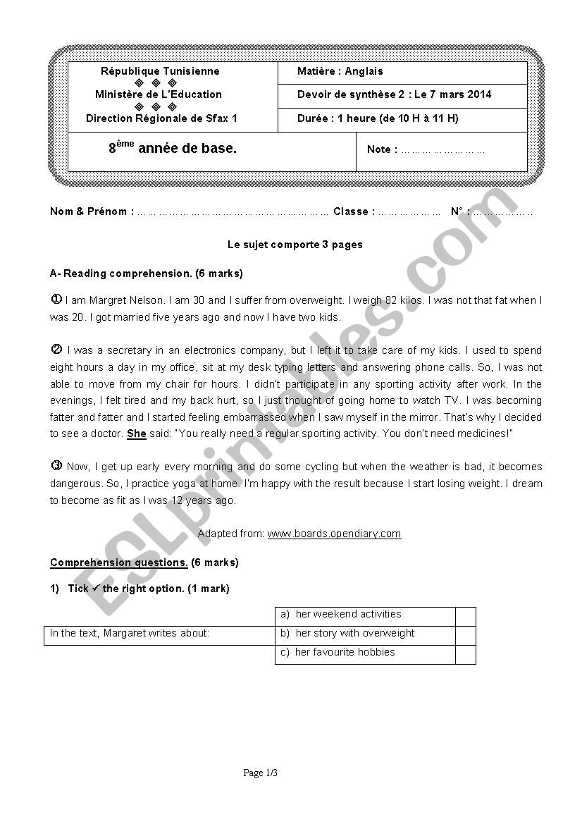 End-of-term test 2  8th forms ( Tunisian schools )