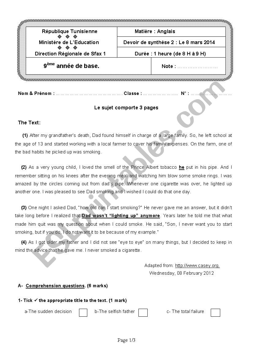 End-of-term test 2 - 9th forms ( Tunisian schools )