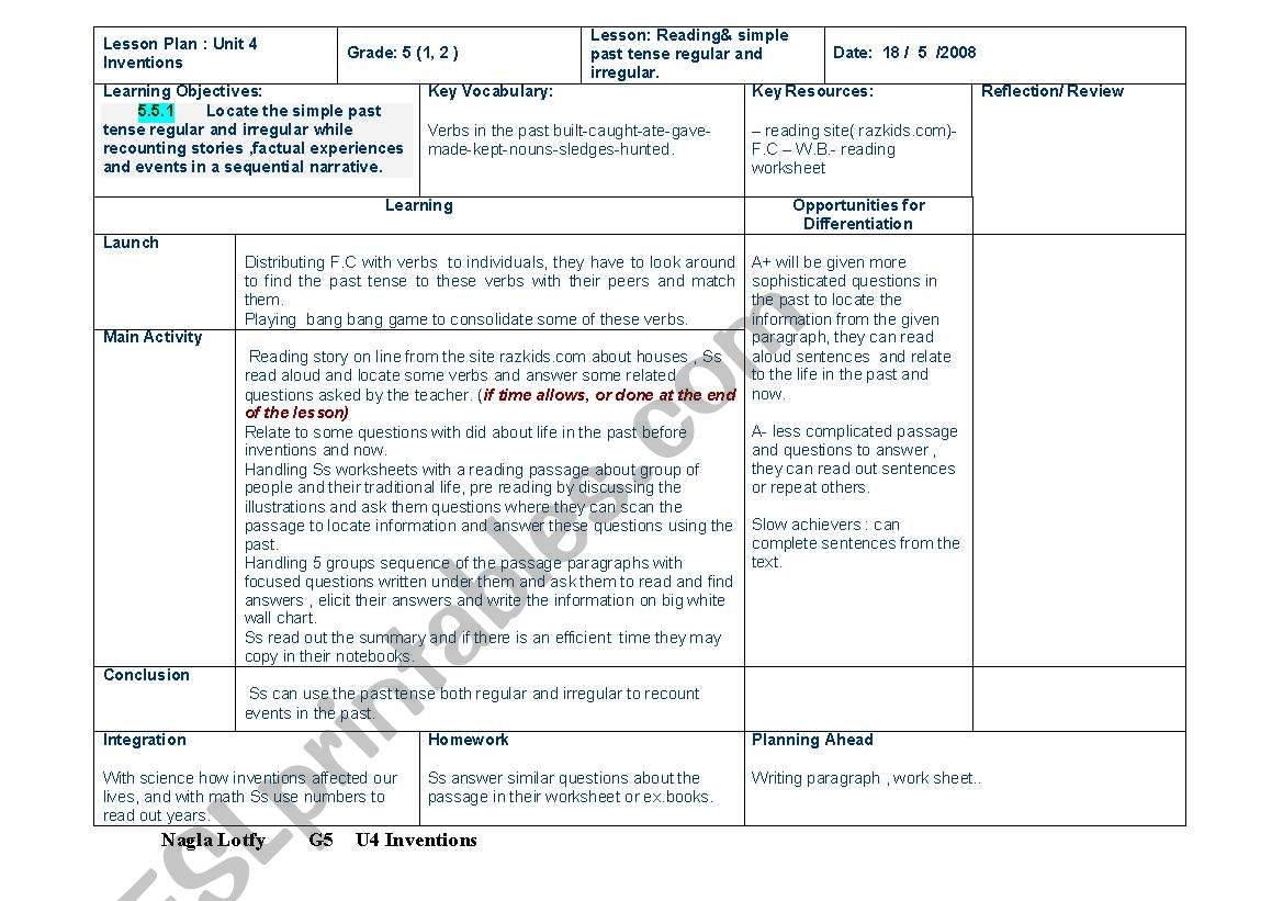 how to set alesson plan to teach reading&simple past