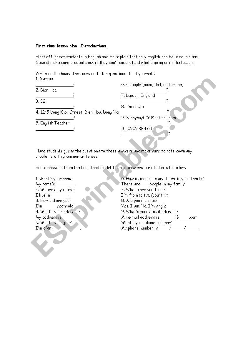 First days activities worksheet