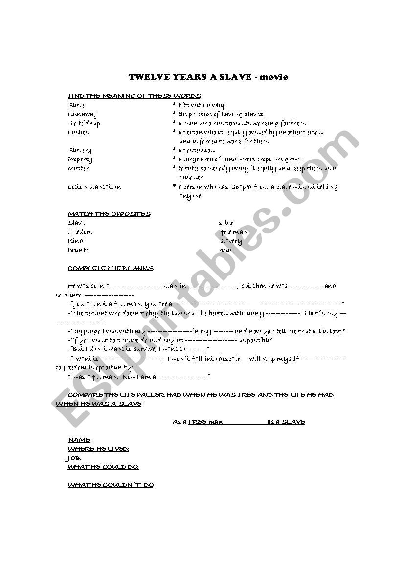 MOVIE - TWELVE YEARS A SLAVE worksheet