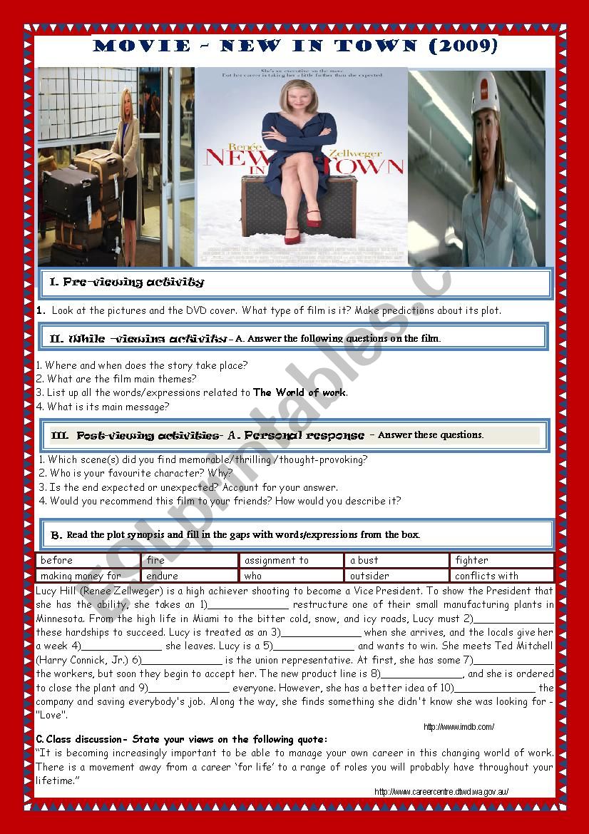 MOVIE- NEW IN TOWN (2009) worksheet