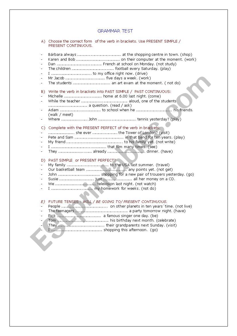 grammar test worksheet