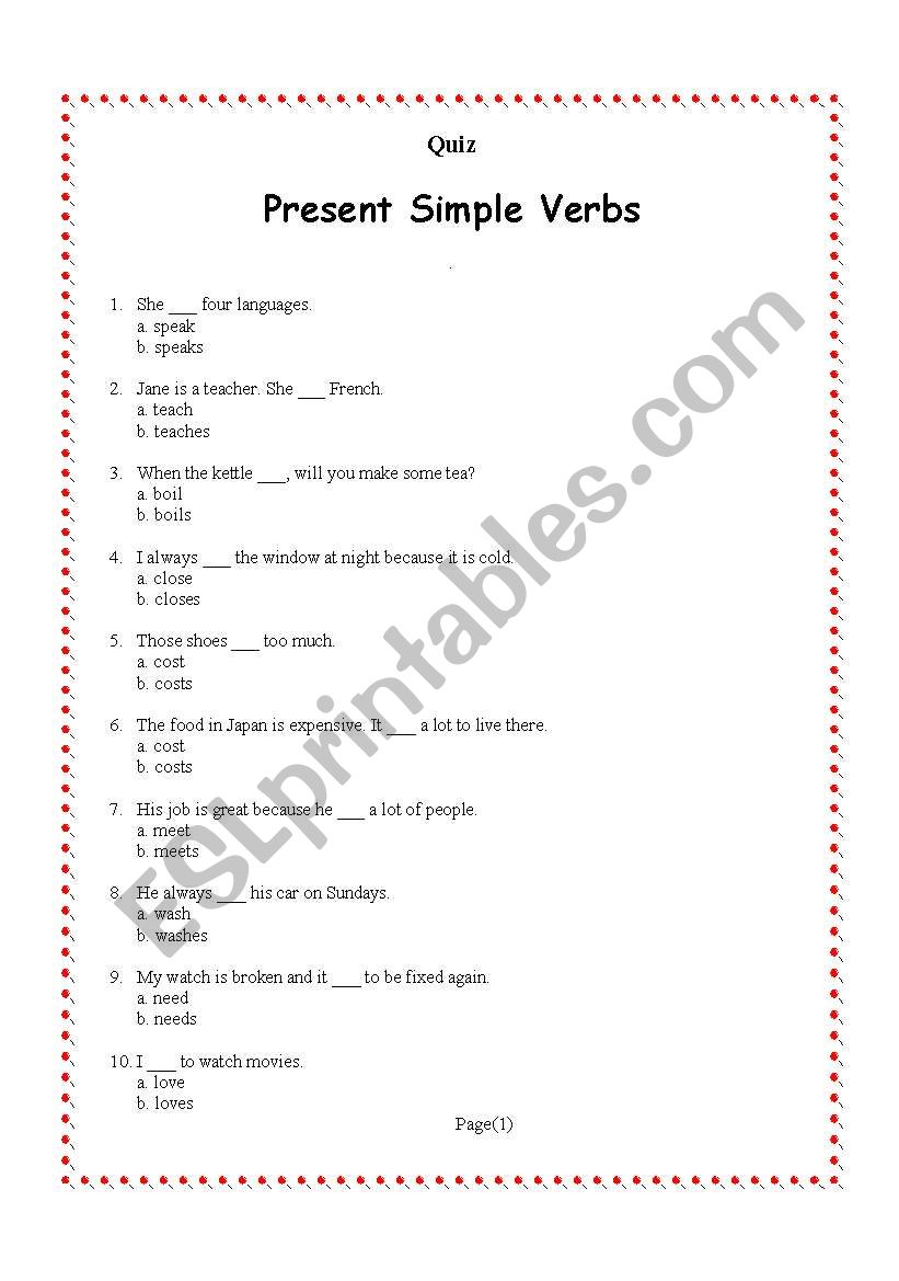 Quiz- present Simple Tense worksheet