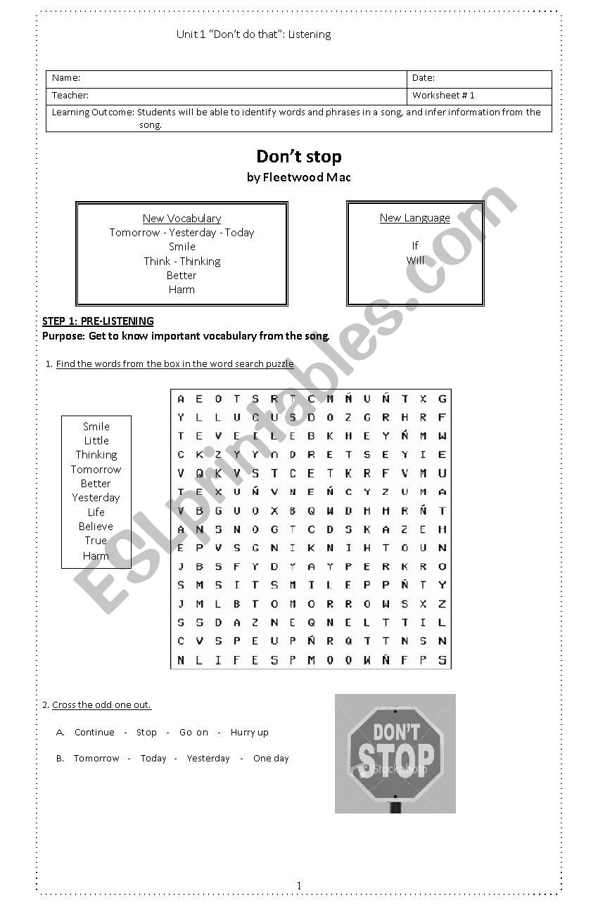 Dont stop by Fleetwood Mac  worksheet