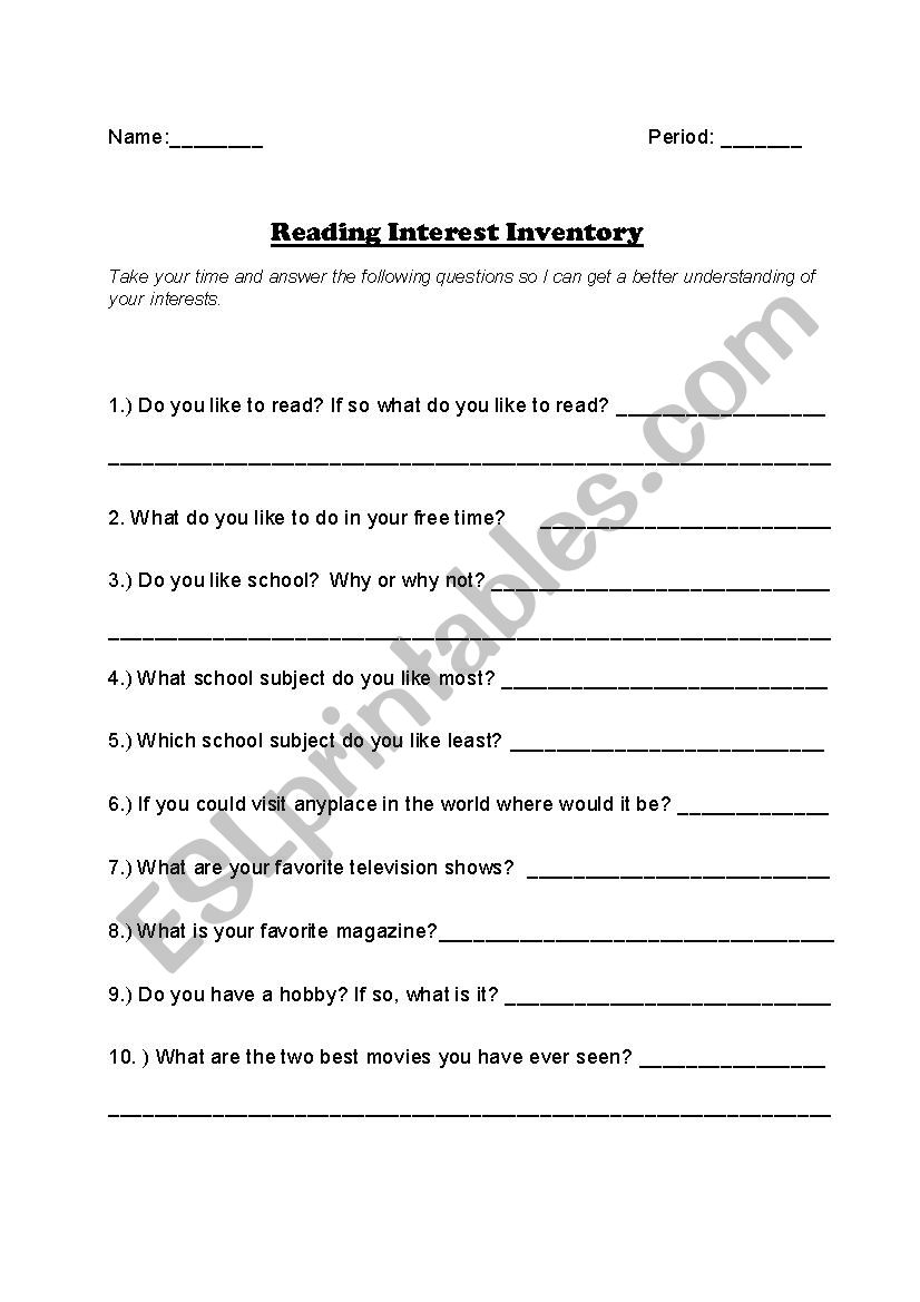 Reading Interest Inventory worksheet
