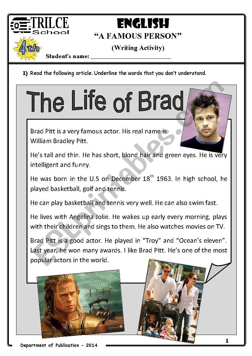 THE LIFE OF BRAD (WRITING ACTIVITY)