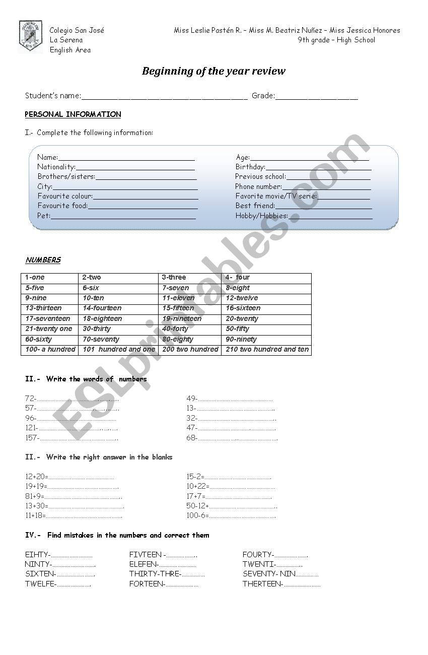 Beginning of the year review worksheet