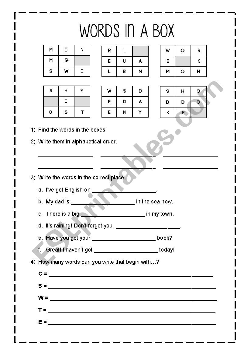 Words in a box worksheet