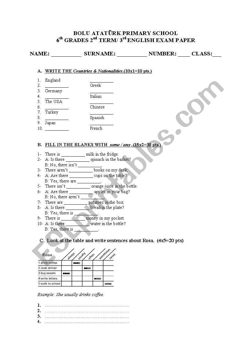 an exam for 6 grades worksheet