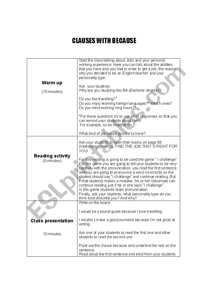 Clauses with because  worksheet