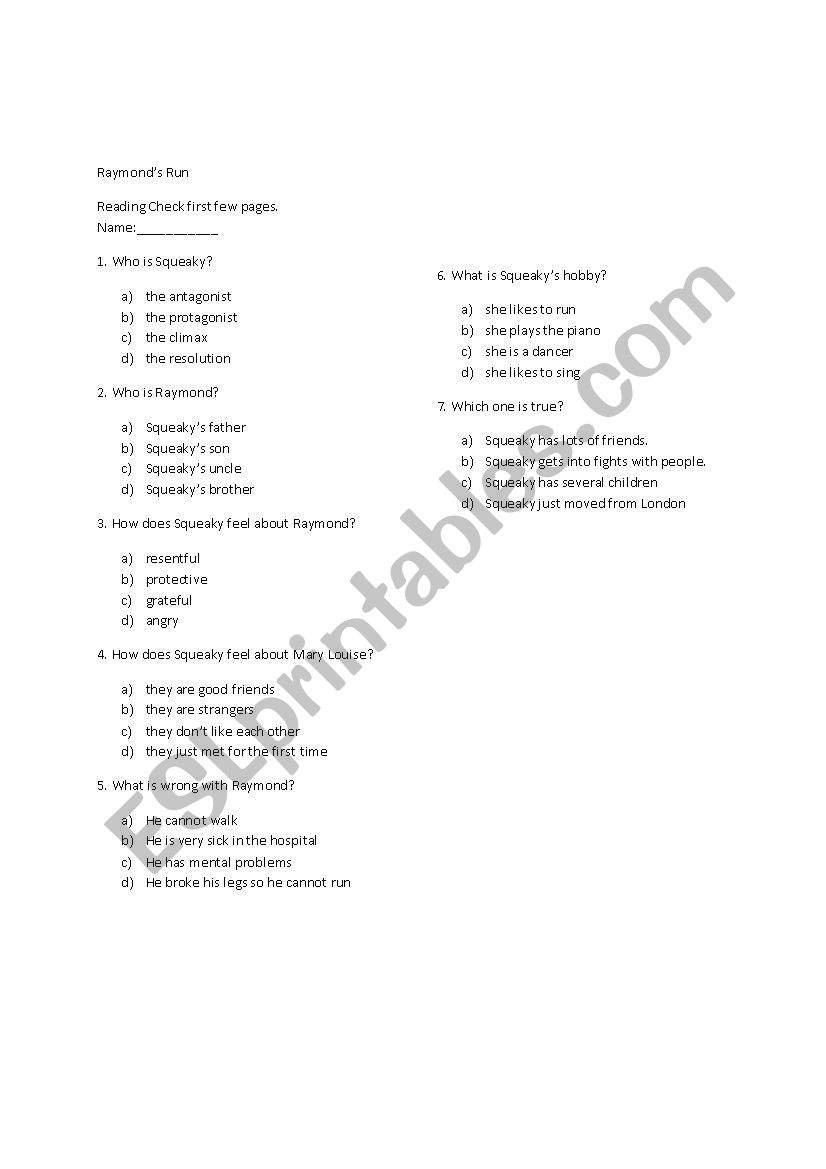 Raymonds Run reading check worksheet