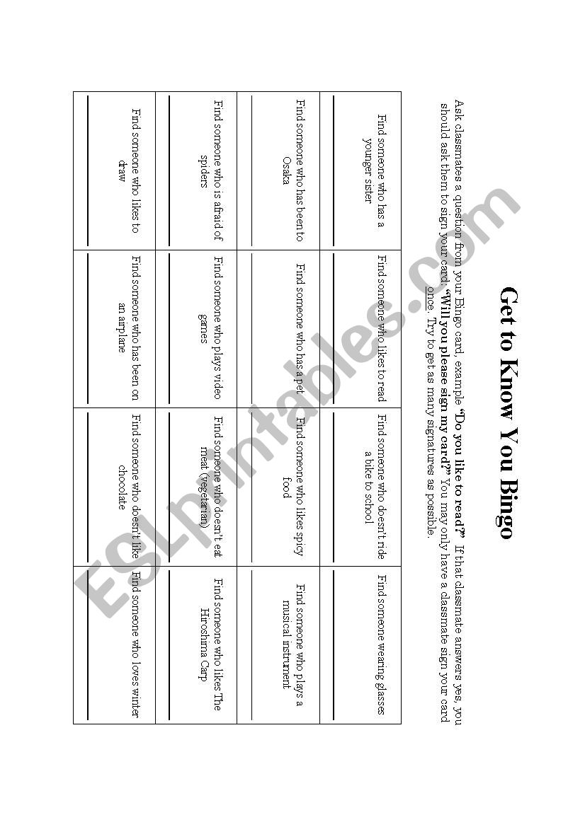 Get to know you bingo  worksheet