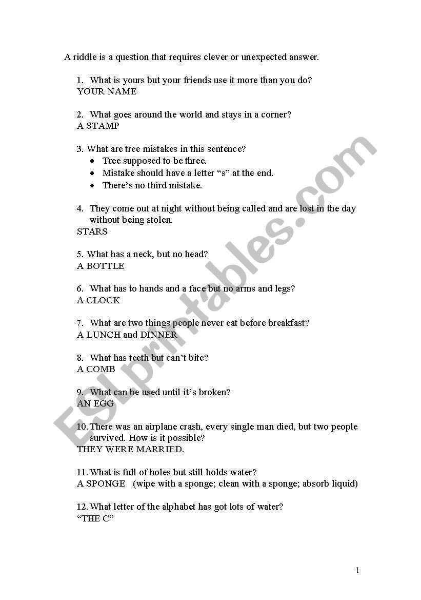 Riddles & Answers - ESL worksheet by boris7