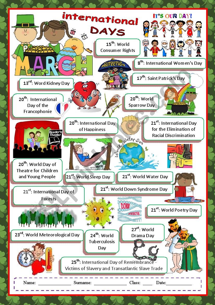 March International Days ESL worksheet by Despinacy
