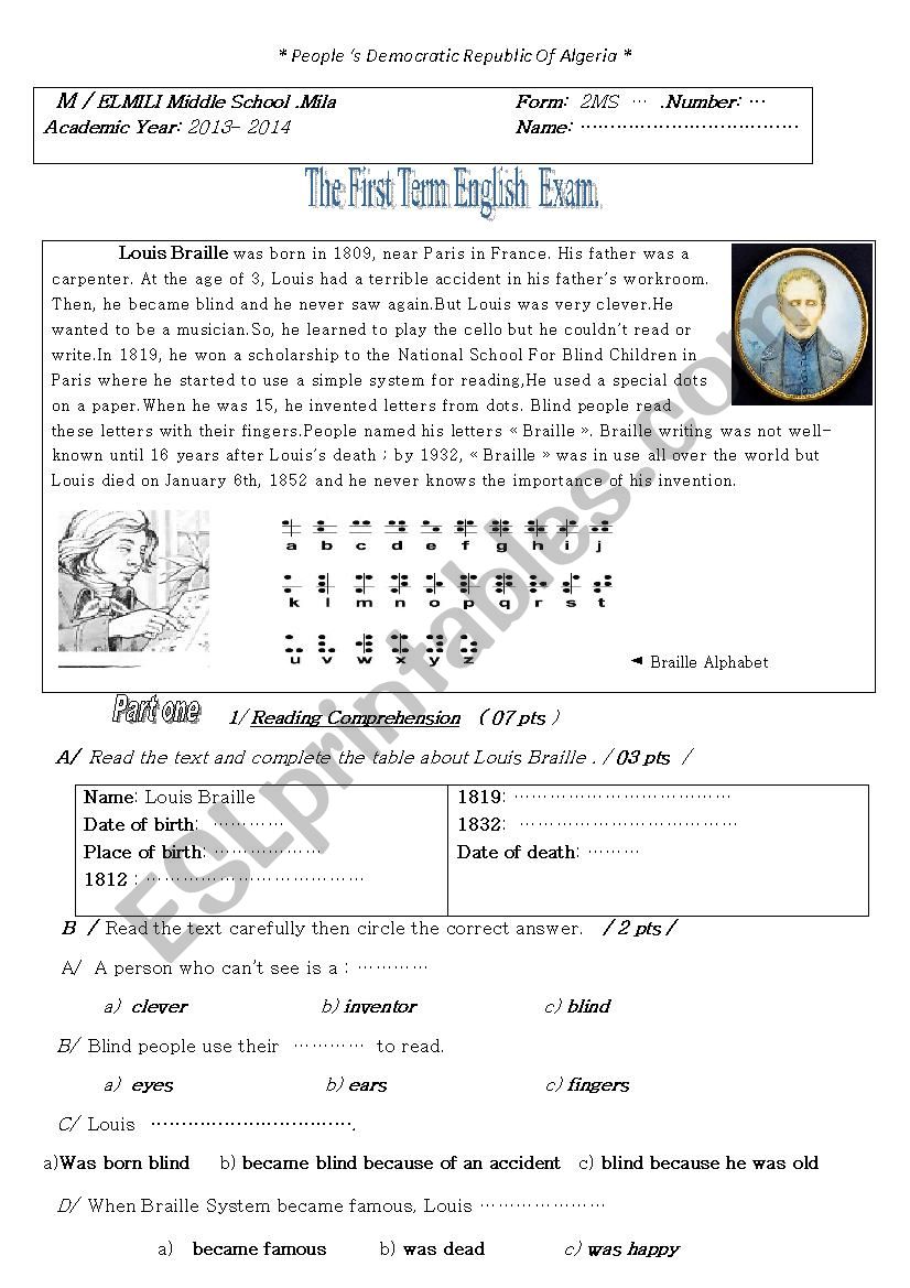 louis brille biography worksheet